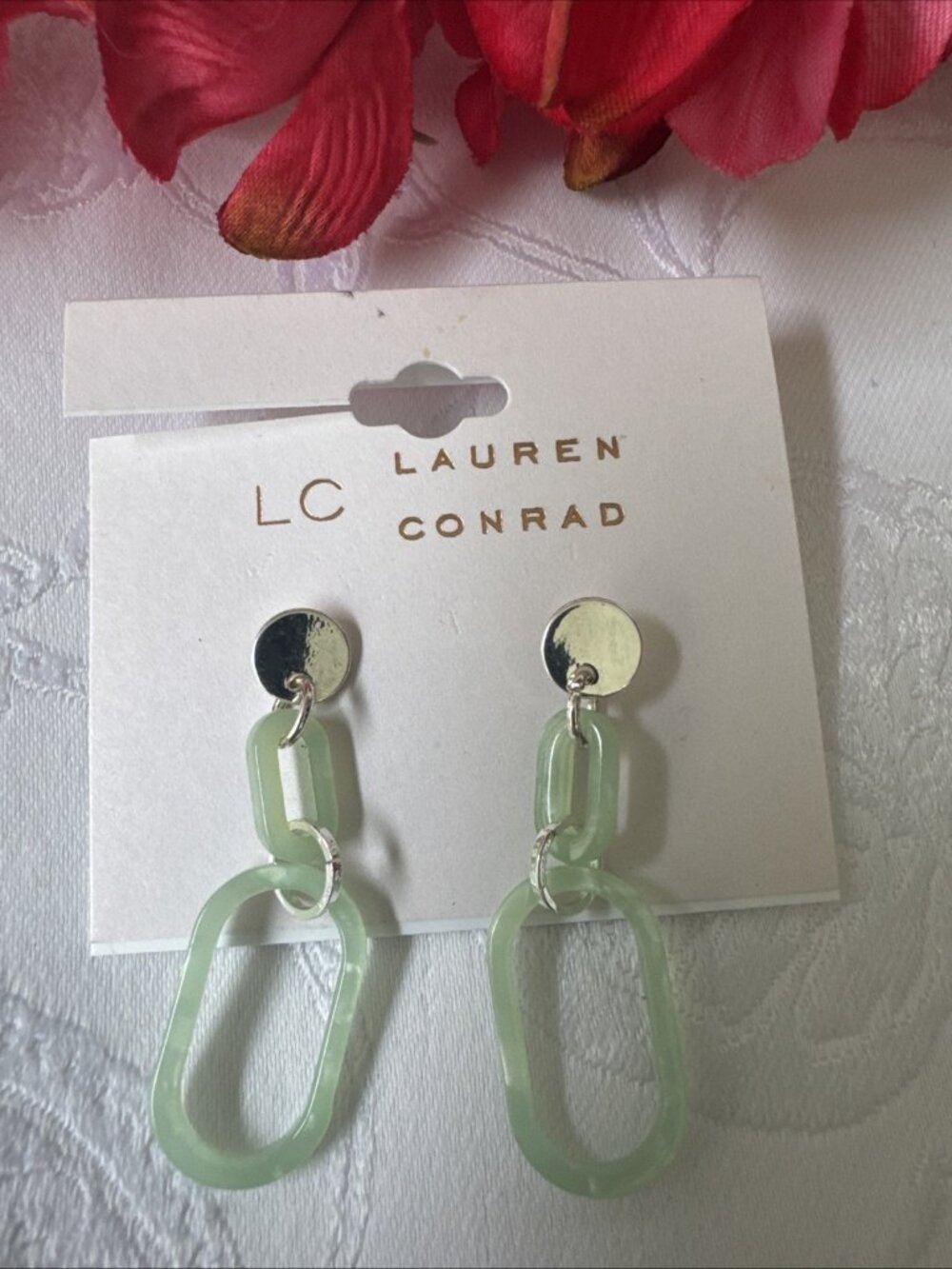 LC Lauren Conrad Mint Silver Tone Dangle Drop Hoop Earrings 1 3/4" Summer NEW